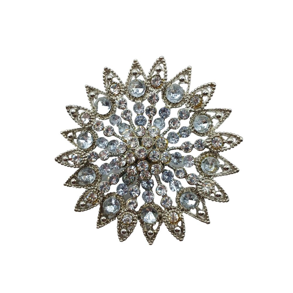 Vintage Clear Rhinestone Silver Tone Flower Starburst Sunburst Brooch Pin 2.25"